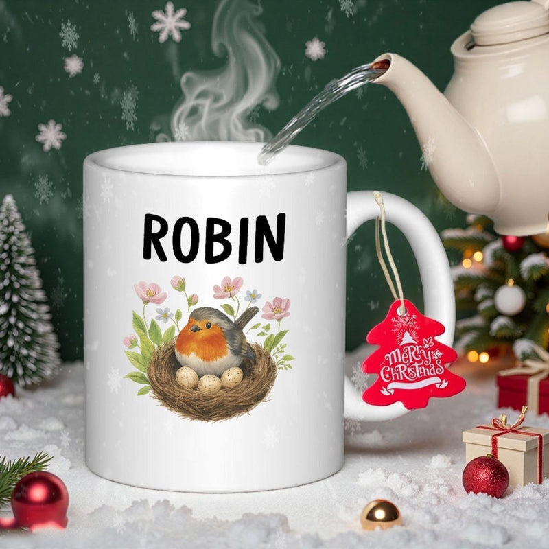 Tailorly White Ceramic 11 oz Mug - Robin Cute Little Bird Resting In Nest Among Blooming Spring Flowers Bird