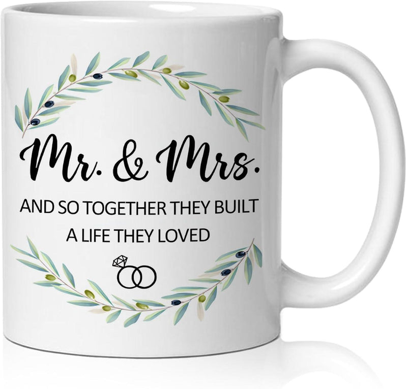 Tailorly White Ceramic 11 oz Mug - Mr And Mrs And So Together They Built A Life They Loved Elegant Circular Olive Branch Wreath Encircling Interlocking Wedding