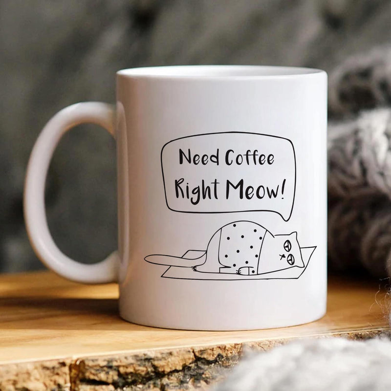 Tailorly White Ceramic 11 oz Mug - Need Coffee Right Meow Adorable Cartoon Cat Resting Under A Dotted Blanket Cat