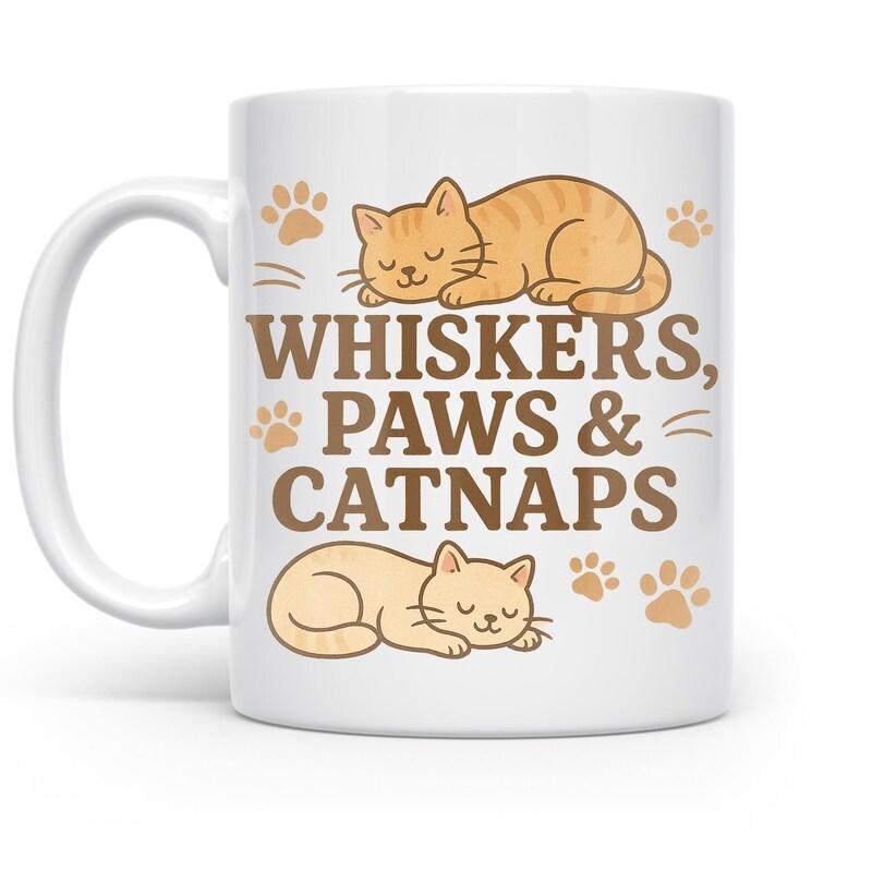 Tailorly White Ceramic 11 oz Mug - Whiskers Paws Catnaps Adorable Sleeping Ginger Kittens Among Decorative Paw Prints And Cozy Cat