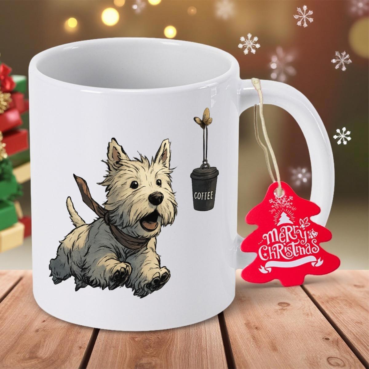 Tailorly White Ceramic 11 oz Mug - Merry Christmas Joyful West Highland White Terrier Running Beside A Small Steaming Coffee Cup Terrier