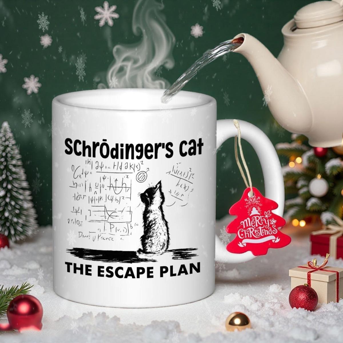 Tailorly White Ceramic 11 oz Mug - Schrodingers Cat The Escape Plan Scientific Formulas And Equations Studied By A Curious Black And White Cat