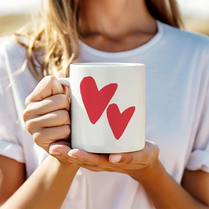 Tailorly White Ceramic 11 oz Mug - Hand Drawn Minimalist Red Double Hearts On A Clean White Background Heart