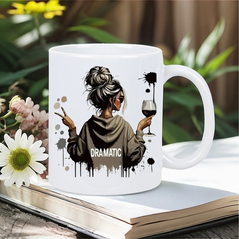 Tailorly White Ceramic 11 oz Mug - Dramatic Stylish Girl With Messy Bun Holding Wine Glass And Splatter Accents Woman