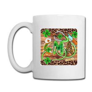 Tailorly White Ceramic 11 oz Mug - CMA Rustic Wood Grain Texture Featuring Green Clovers And Medical Stethoscope