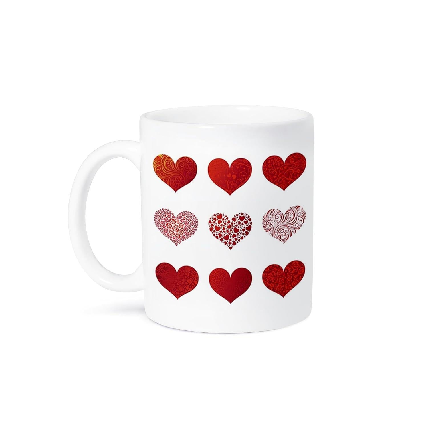 Tailorly White Ceramic 11 oz Mug - Elegant Array Of Textured Crimson And Decorative Patterned Romantic Heart