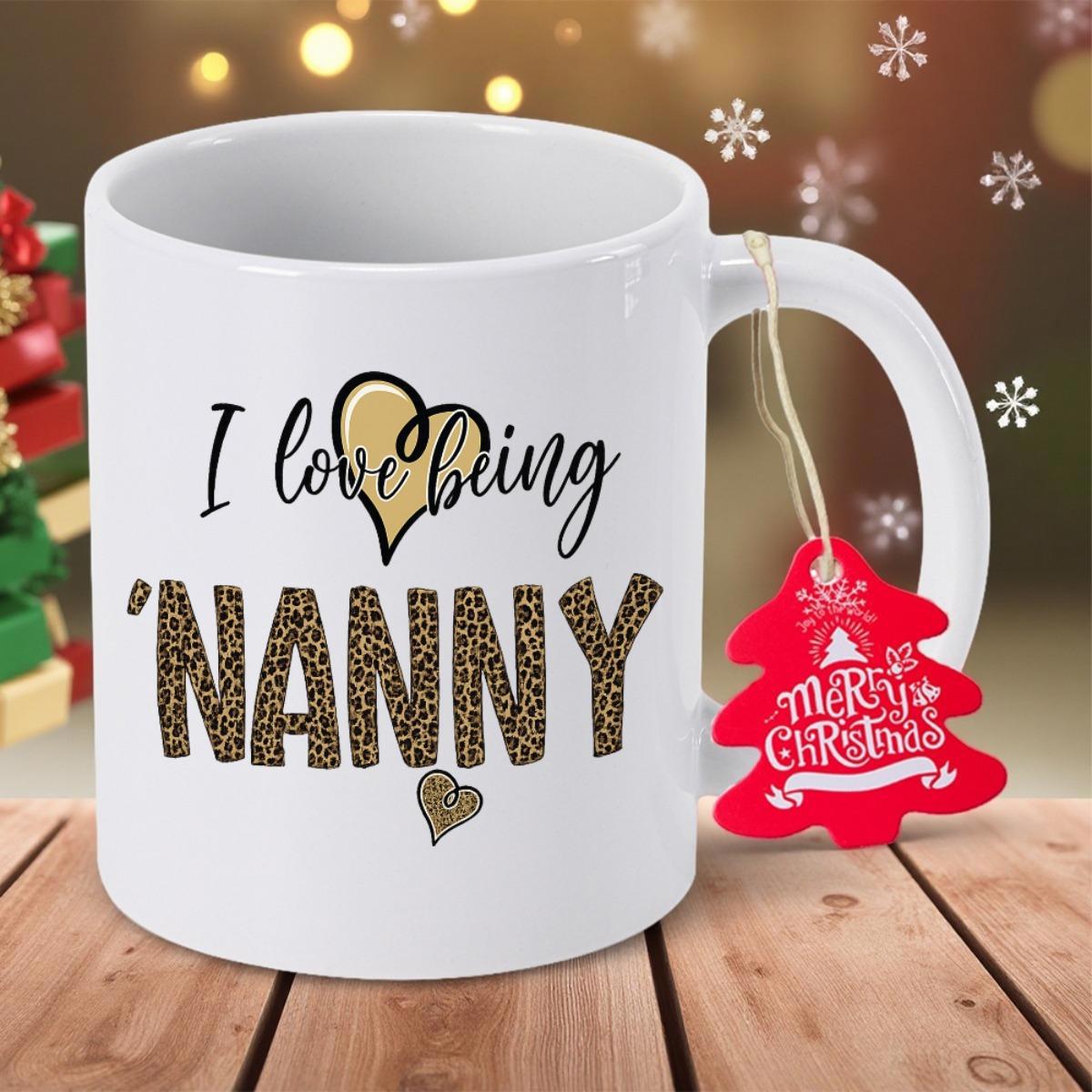Tailorly White Ceramic 11 oz Mug - I Love Being Nanny Leopard Print With Golden Heart Detail On Clean