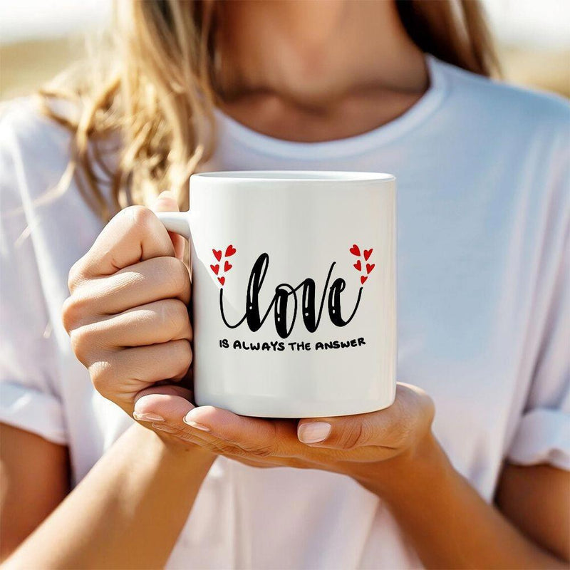 Tailorly White Ceramic 11 oz Mug - Love Is Always The Answer Minimalist Style With Small Red Hearts Surrounding Elegant Cursive Text Hearts