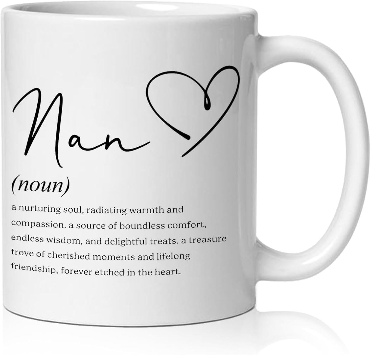 Tailorly White Ceramic 11 oz Mug - Nan Noun Definition Minimalist Line Drawing Heart With Elegant Script Text Heart