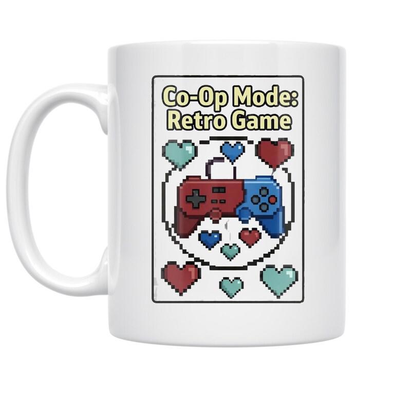 Tailorly White Ceramic 11 oz Mug - Co-Op Mode Retro Game Pixelated Gaming Device Surrounded By Vibrant Colorful Pixel Hearts Controller