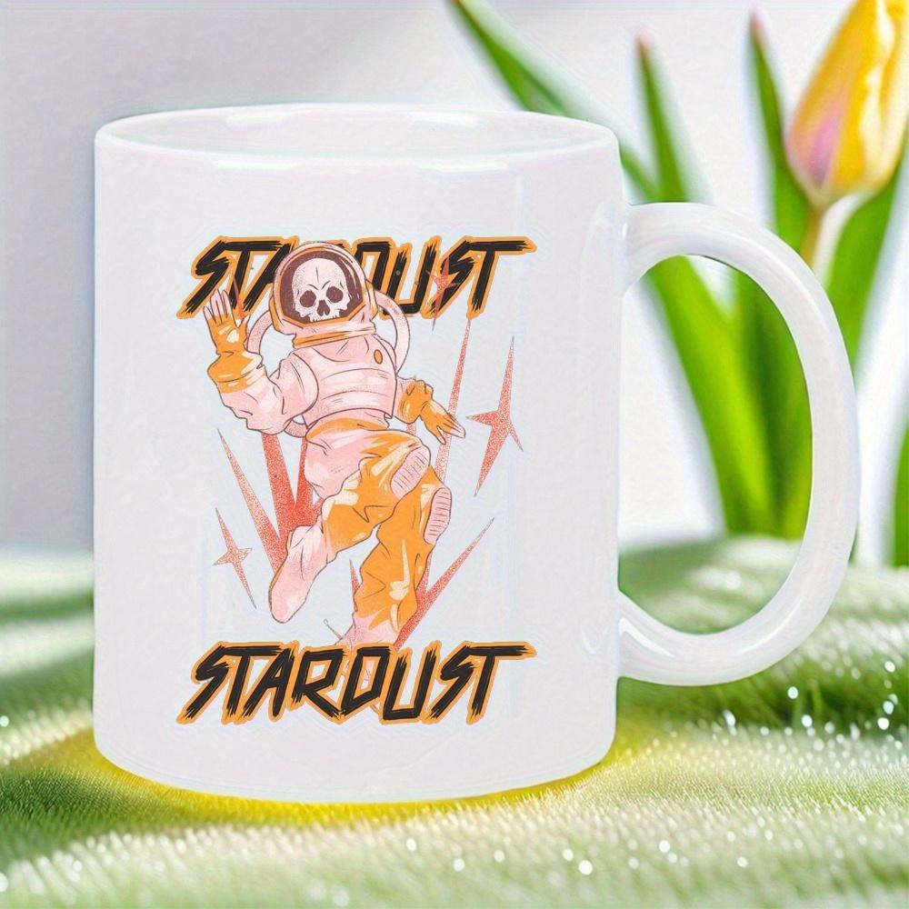 Tailorly White Ceramic 11 oz Mug - Stardust Retro Style Skeleton Floating In Space With Shining Golden Stellar Light Astronaut
