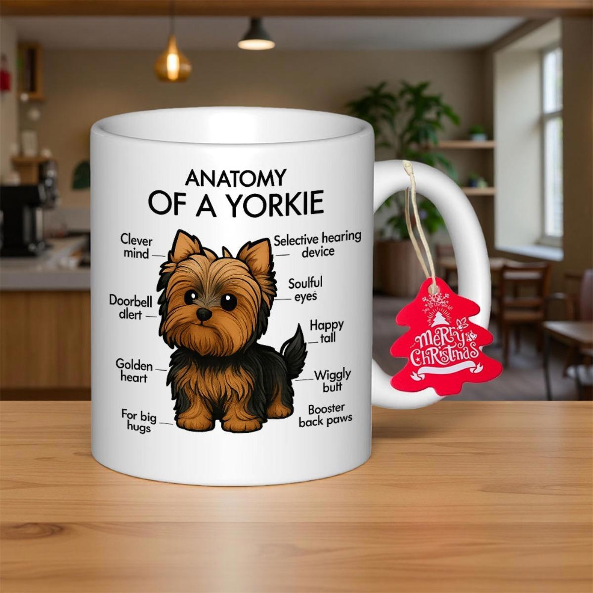 Tailorly White Ceramic 11 oz Mug - Anatomy Of A Yorkie Merry Christmas Cute Small Brown And Black Dog With Funny Descriptive Anatomy Labels Yorkie