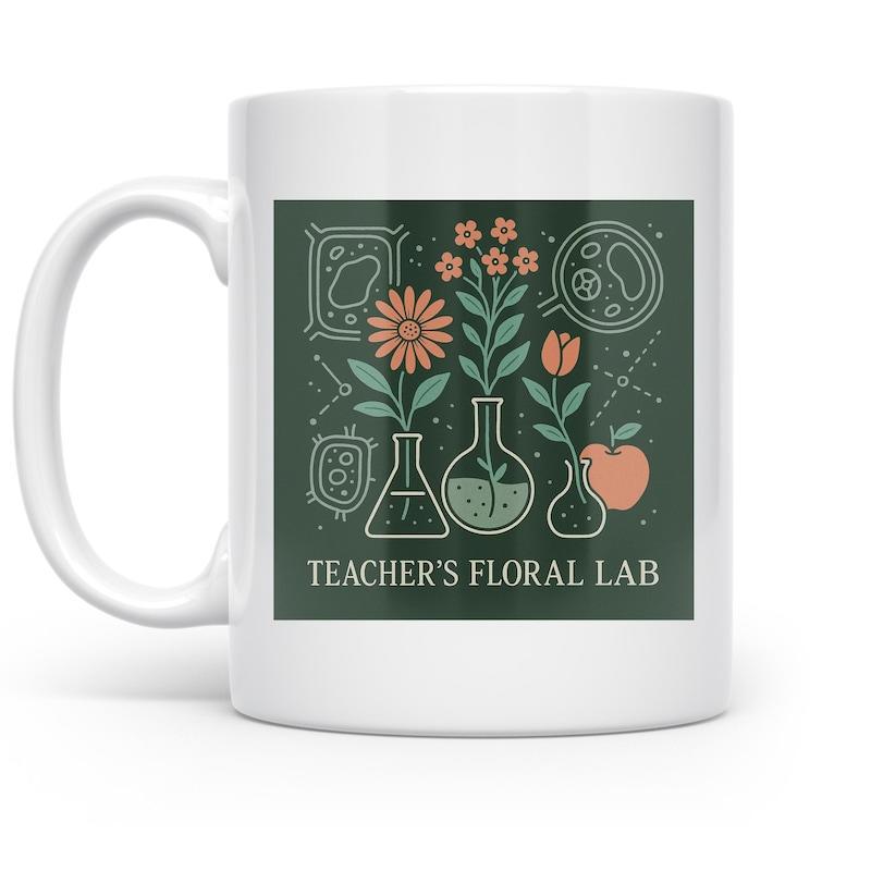 Tailorly White Ceramic 11 oz Mug - Teacher's Floral Lab Scientific Glassware With Blooming Plants And Intricate Botanical Diagrams Artistic Illustration