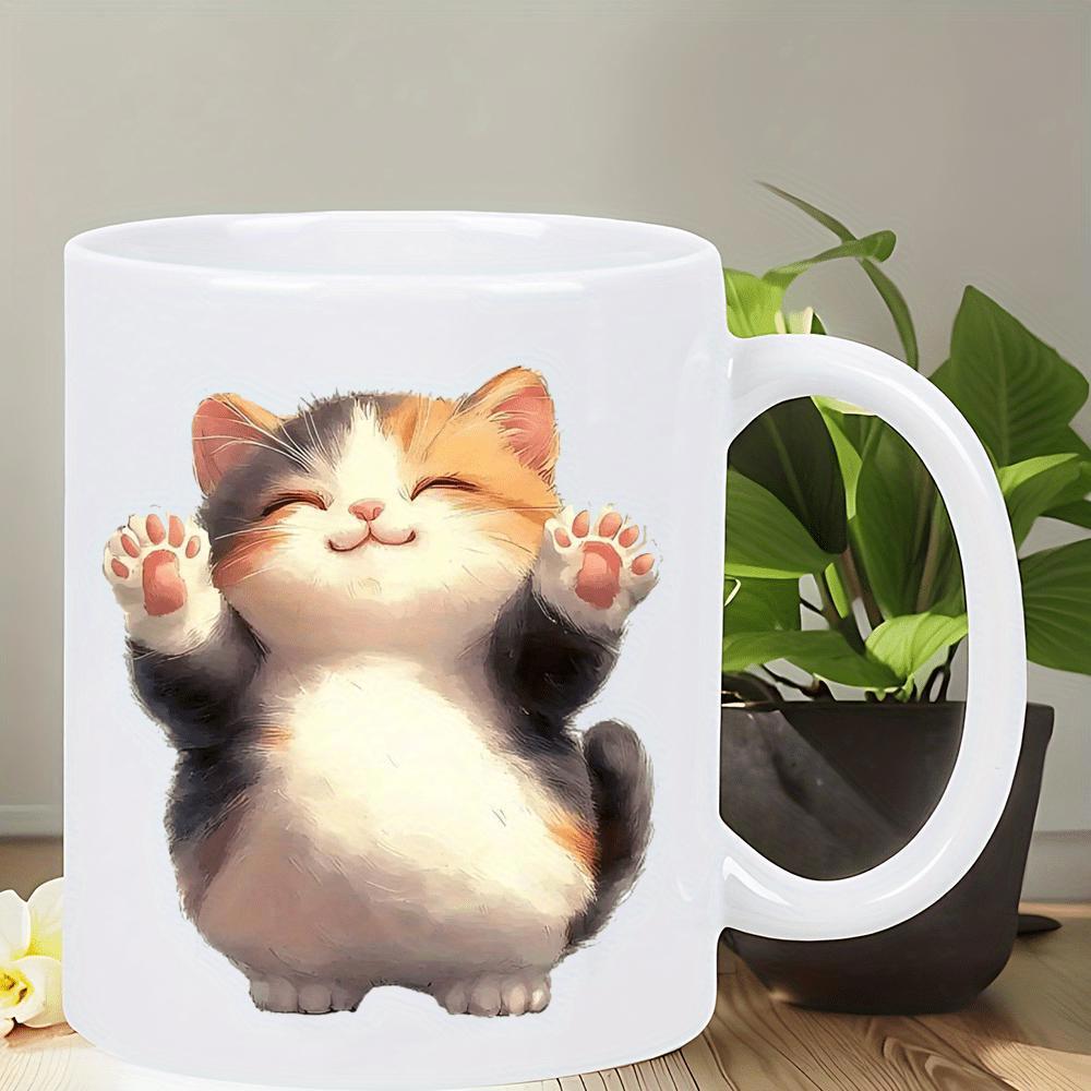 Tailorly White Ceramic 11 oz Mug - Adorable Calico Kitten With Raised Paws And Smiling Eyes Sitting Cat