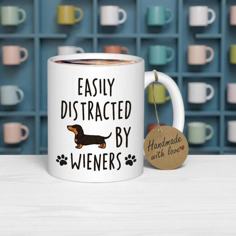Tailorly White Ceramic 11 oz Mug - Easily Distracted By Wieners Cute Tiny Brown Sausage Dog Standing Between Minimalist Paw Prints Dachshund