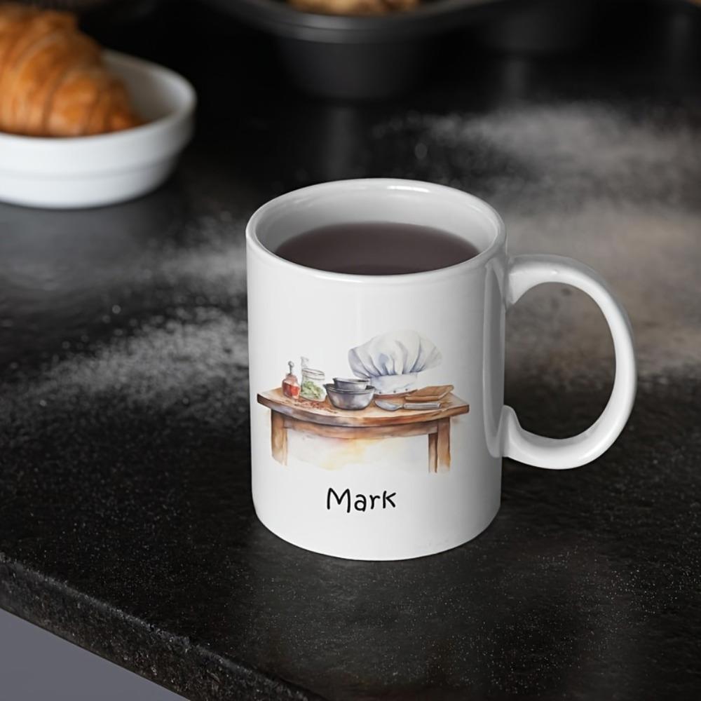 Tailorly White Ceramic 11 oz Mug - Mark Rustic Watercolor Kitchen Bench With Chef Hat And Rolling Pin Table