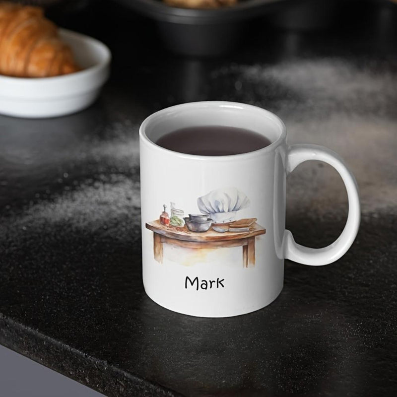 Tailorly White Ceramic 11 oz Mug - Mark Rustic Watercolor Kitchen Bench With Chef Hat And Rolling Pin Table