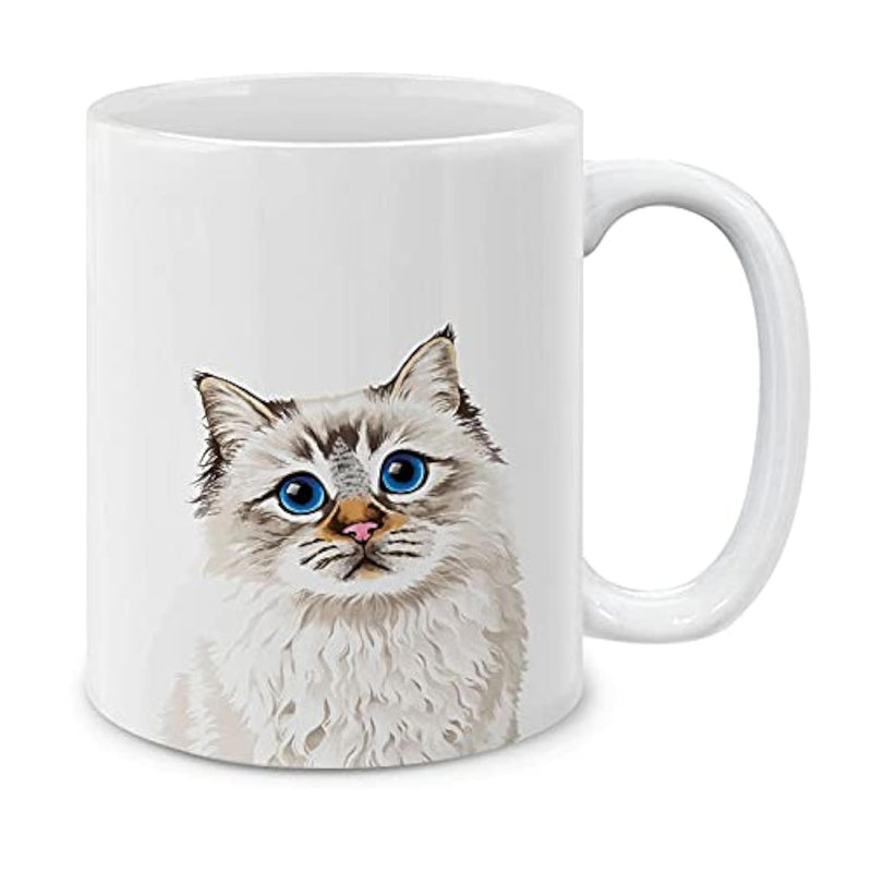 Tailorly White Ceramic 11 oz Mug - Fluffy White Ragdoll Kitten With Bright Blue Eyes And Soft Fur Cat