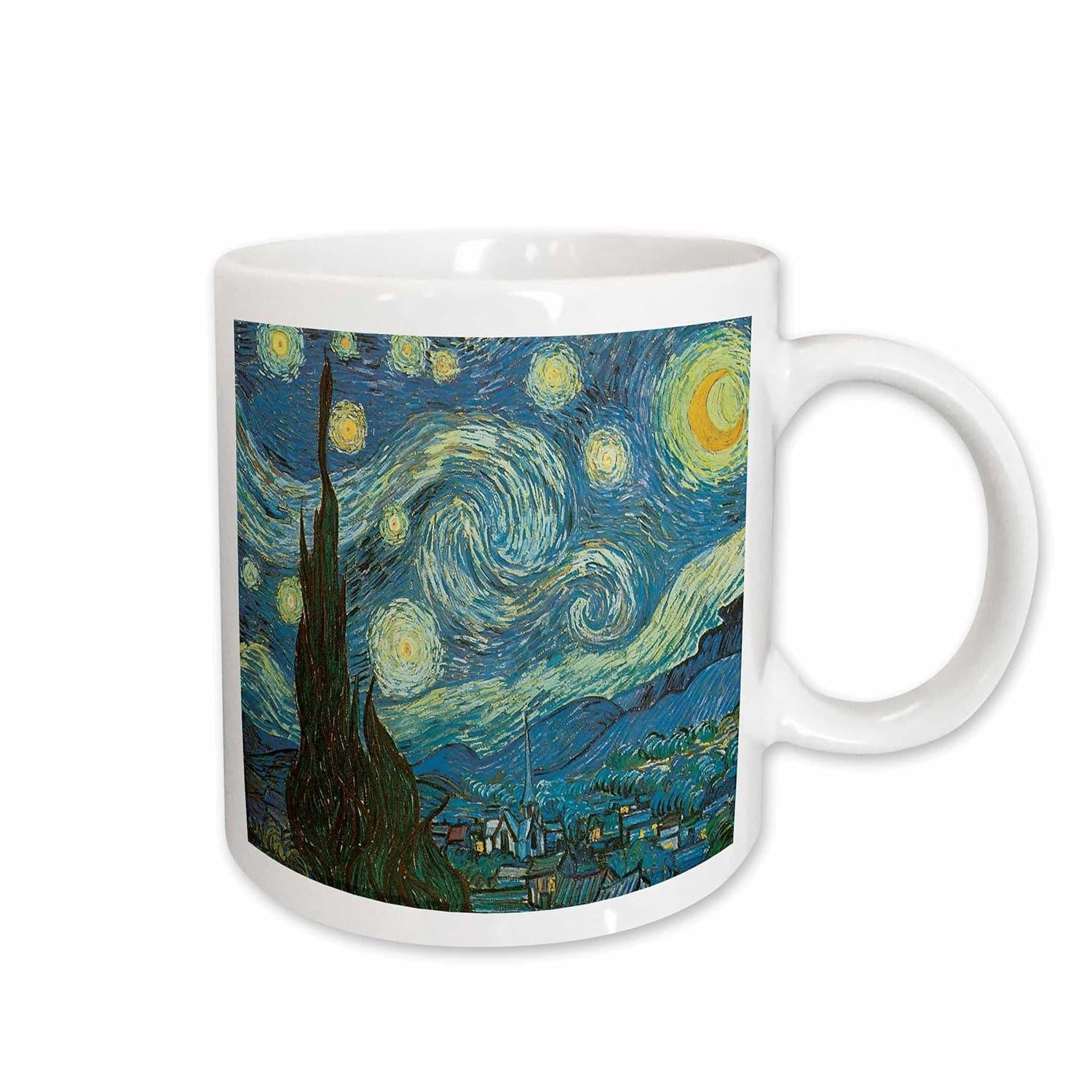 Tailorly White Ceramic 11 oz Mug - Swirling Starry Sky With Glowing Yellow Moon And Radiant Stars Night