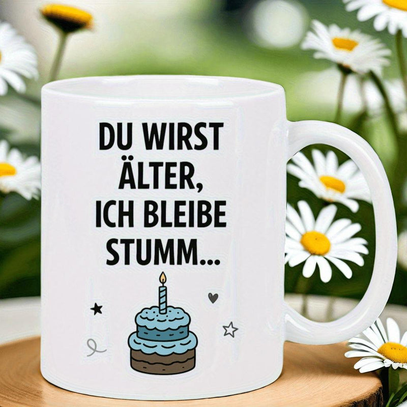 Tailorly White Ceramic 11 oz Mug - Simple Cartoon Style Two Tiered Blue Frosted Birthday Celebration Lit Candle Cake