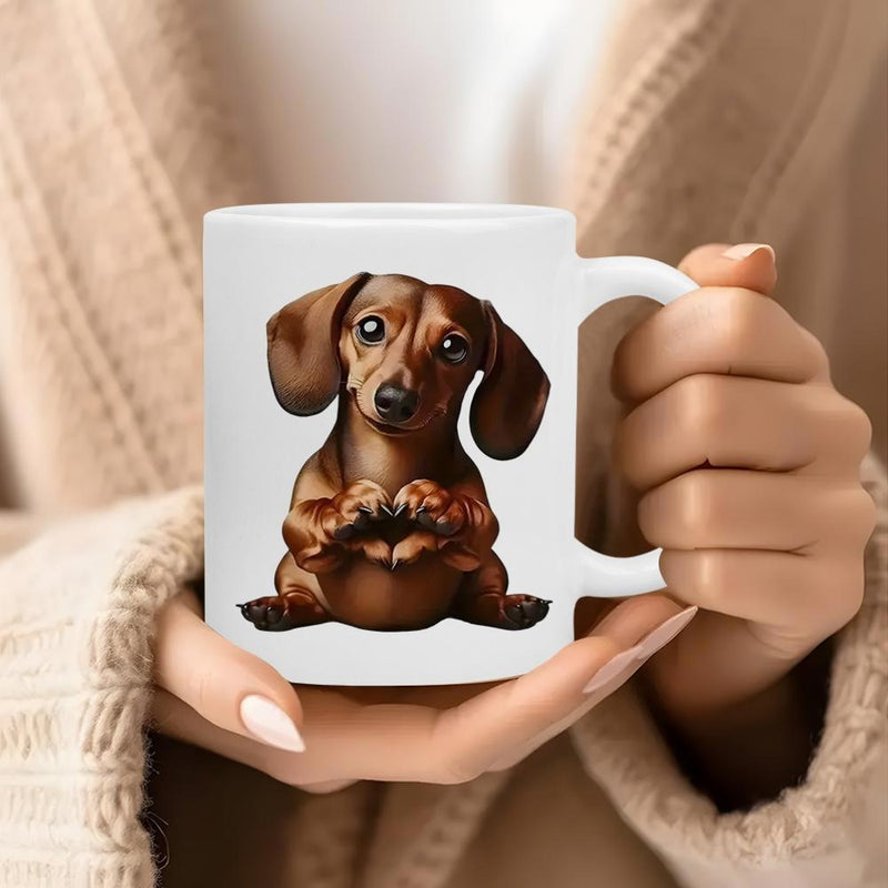 Tailorly White Ceramic 11 oz Mug - Adorable Brown Dog Making Heart Shape With Paws On White Background Dachshund