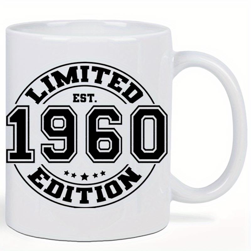 Tailorly White Ceramic 11 oz Mug - Limited Edition Est 1960 Vintage Circular Badge Style Featuring Bold Black Collegiate Outlined Numbers Mug