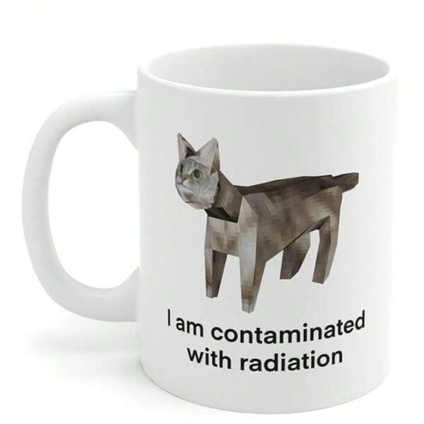 Tailorly White Ceramic 11 oz Mug - I Am Contaminated With Radiation Low Poly Three Dimensional Gray Animal Standing In A Minimalist Quirky Style Cat