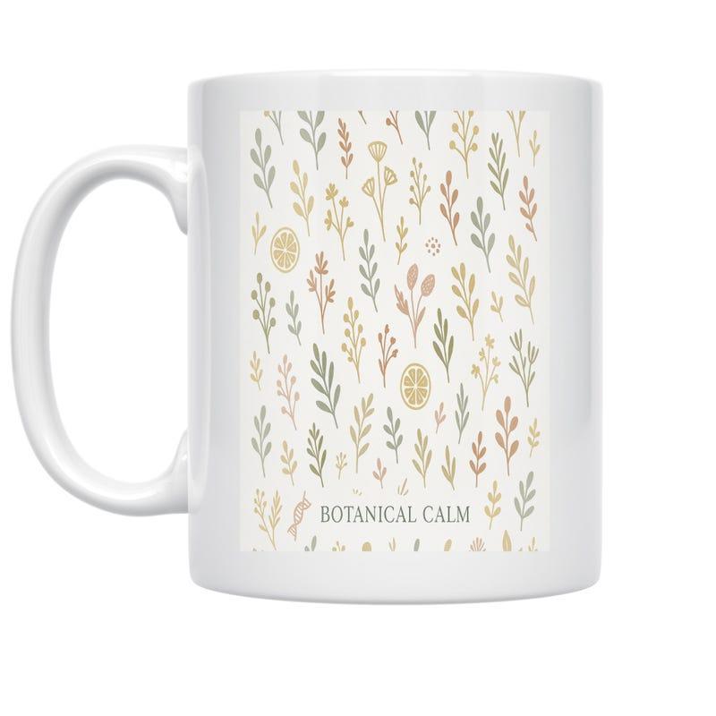 Tailorly White Ceramic 11 oz Mug - Botanical Calm Elegant Minimalist Hand Drawn Muted Pastel Leaves And Sprigs Foliage