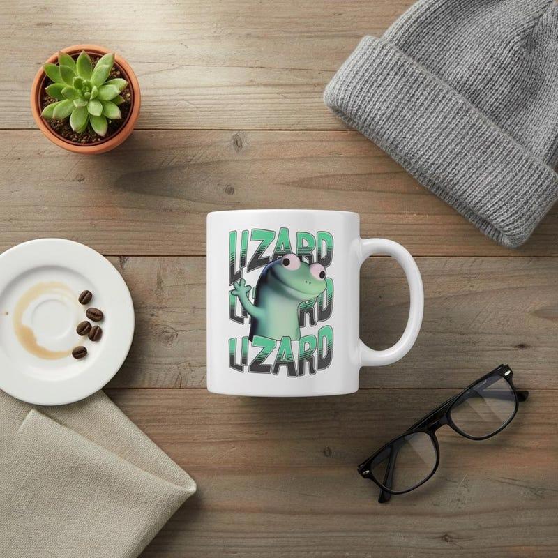 Tailorly White Ceramic 11 oz Mug - Lizard Lizard Lizard Quirky Green Reptile With Large Eyes Centered Among Repeating Text Lizard