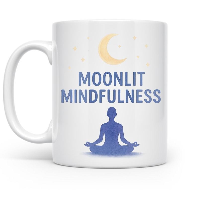 Tailorly White Ceramic 11 oz Mug - Moonlit Mindfulness Crescent Moon Shining Over A Meditating Human Figure Under Golden Stars Silhouette