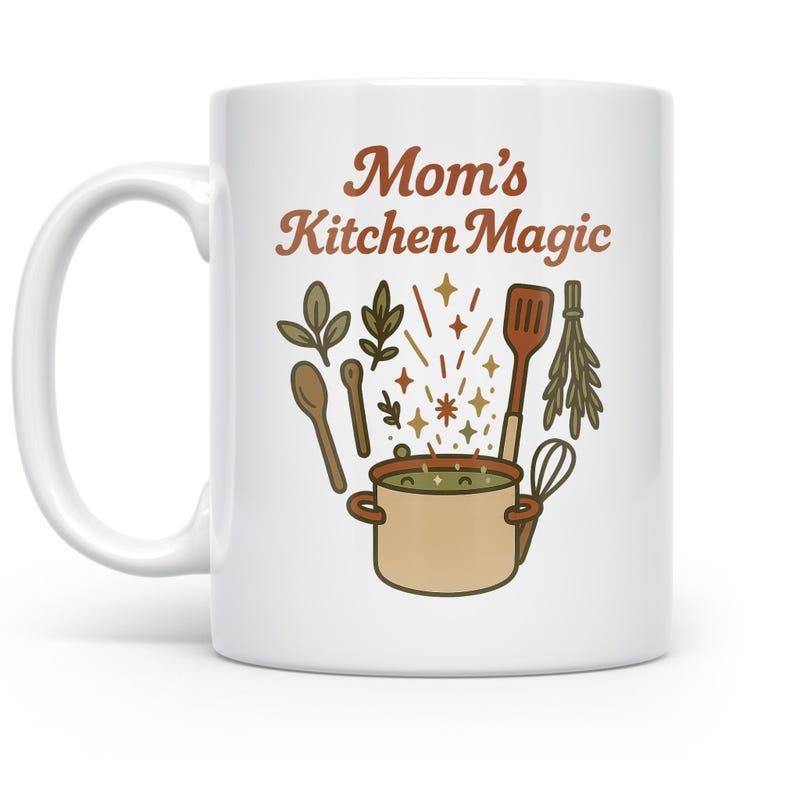 Tailorly White Ceramic 11 oz Mug - Mom's Kitchen Magic Bubbling Herbal Soup With Various Kitchen Utensils And Shining Stars Pot