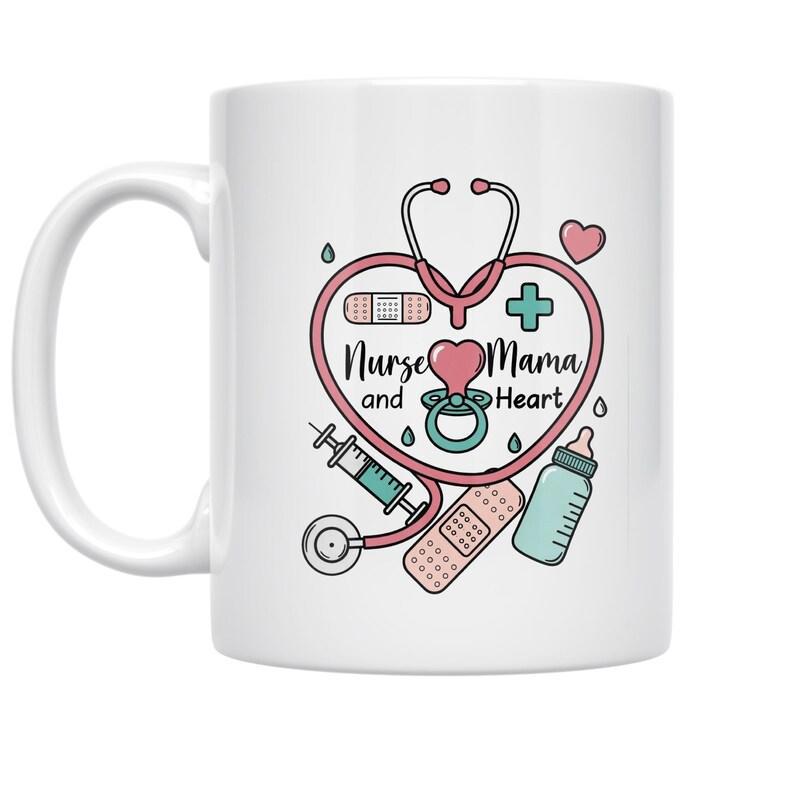 Tailorly White Ceramic 11 oz Mug - Nurse Mama And Heart Medical Icons Combined Within A Heart Shaped Pink Stethoscope