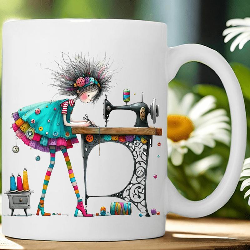 Tailorly White Ceramic 11 oz Mug - Whimsical Cartoon Girl With Spiky Hair Sewing On A Vintage Machine Seamstress