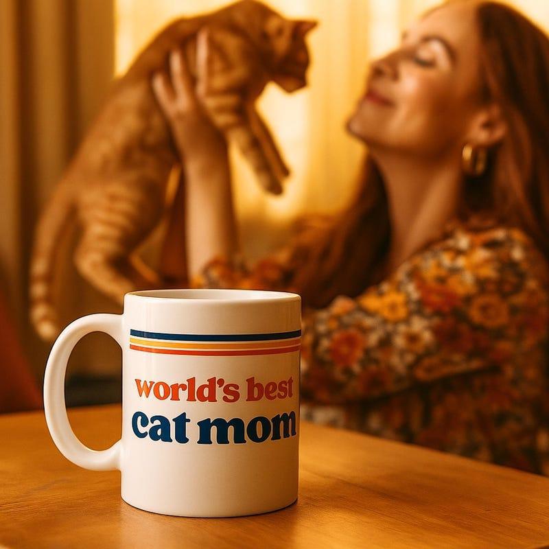Tailorly White Ceramic 11 oz Mug - World's Best Cat Mom Retro Styled Stripes Featuring Bold Serif Lettering On Ceramic Mug