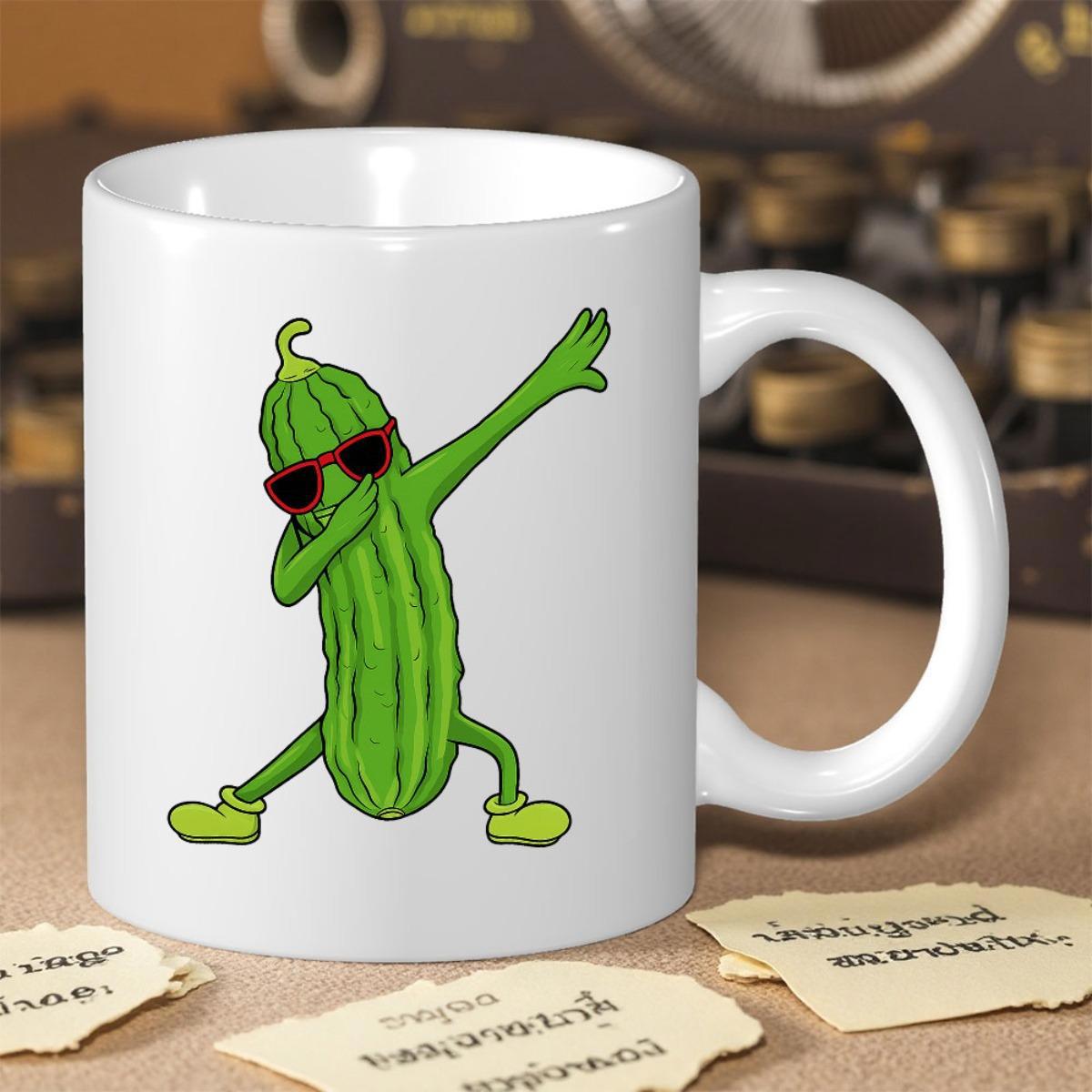 Tailorly White Ceramic 11 oz Mug - Funny Cartoon Green Vegetable Wearing Sunglasses Performing A Trendy Dance Move Pickle