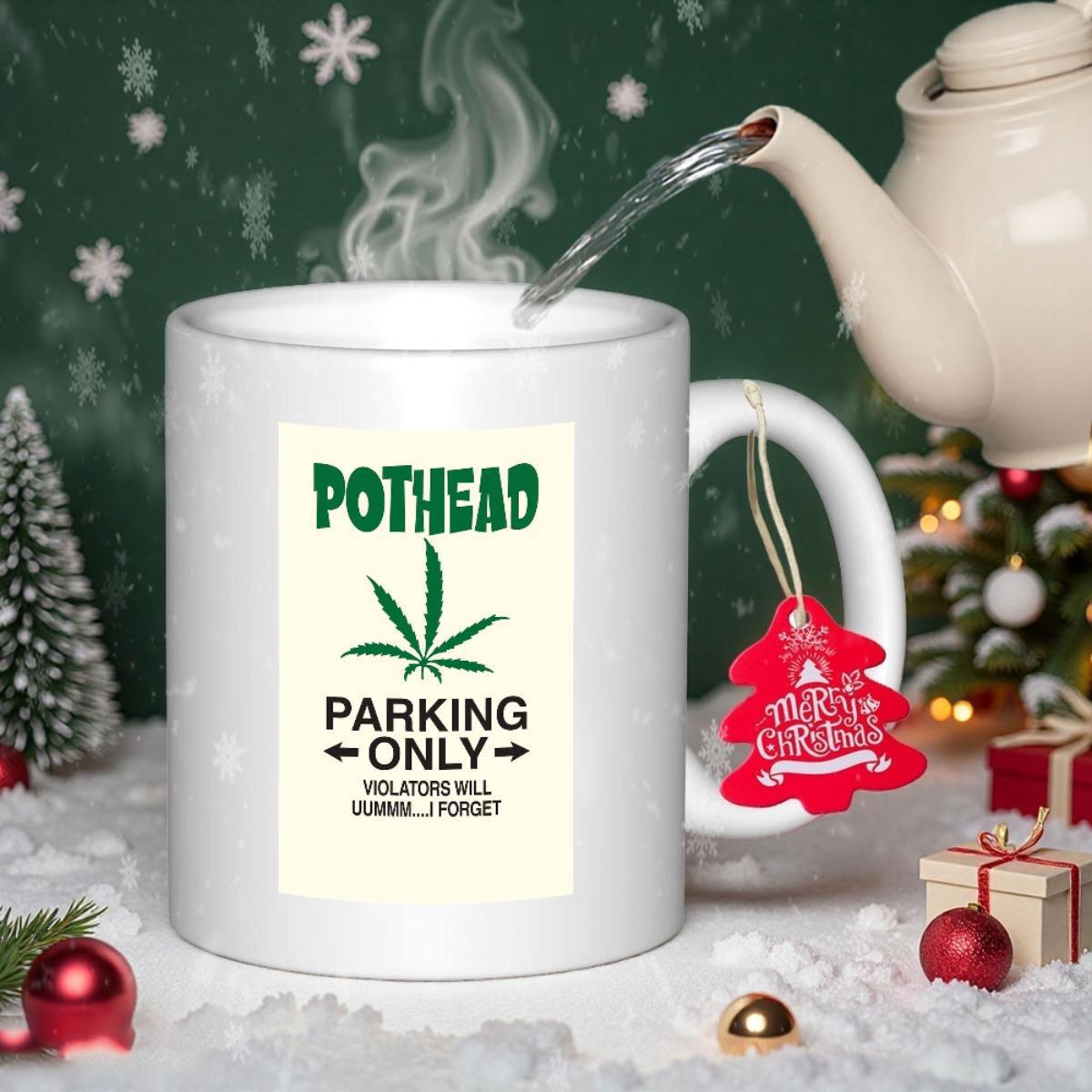 Tailorly White Ceramic 11 oz Mug - Pothead Parking Only Vibrant Green Cannabis Leaf Centered Within Clean Simple Rectangular Frame Layout Sign