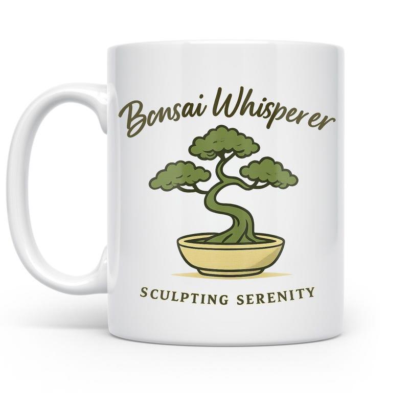Tailorly White Ceramic 11 oz Mug - Bonsai Whisperer Sculpting Serenity Elegant Green Potted Miniature Tree Growing Inside Yellow Ceramic Pot Bonsai
