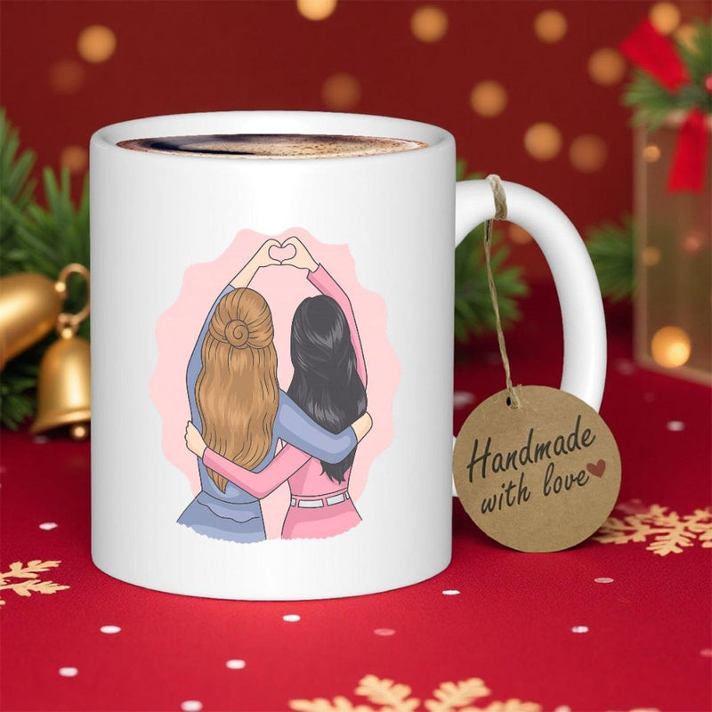 Tailorly White Ceramic 11 oz Mug - Two Best Friends Embracing Each Other And Forming A Heart Shape Friends