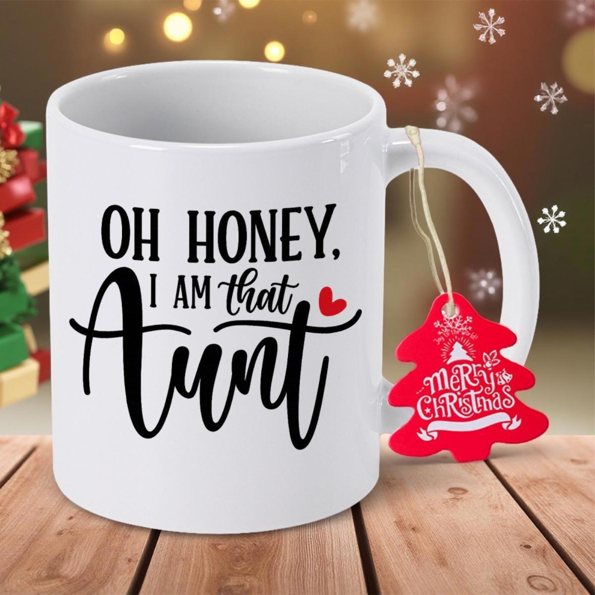 Tailorly White Ceramic 11 oz Mug - Oh Honey I Am That Aunt Elegant Calligraphy Script Featuring A Tiny Red Heart Decorative Wall Hanging Metal Sign