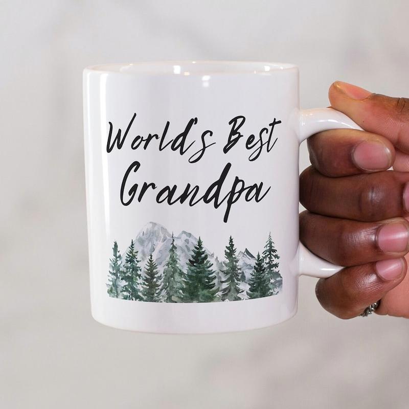 Tailorly White Ceramic 11 oz Mug - Worlds Best Grandpa Serene Watercolor Pine Trees Growing Under Majestic Misty Mountains Forest