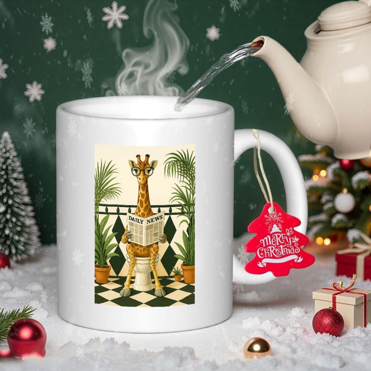 Tailorly White Ceramic 11 oz Mug - Daily News Whimsical Wearing Glasses Reading Newspaper On A Bathroom Toilet Giraffe