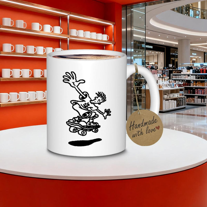 Tailorly White Ceramic 11 oz Mug - Dynamic Young Man Performing Kickflip Trick On Street Skateboard Skater