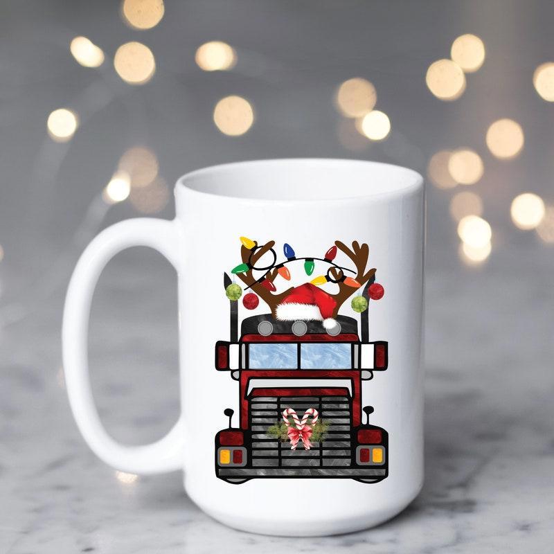 Tailorly White Ceramic 11 oz Mug - Festive Red Holiday Semi Truck Decorated With Reindeer And Lights Truck