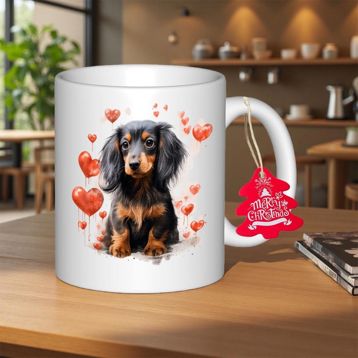Tailorly White Ceramic 11 oz Mug - Merry Christmas Long Haired Dachshund Sitting Calmly Surrounded By Floating Red Watercolor Hearts Dachshund