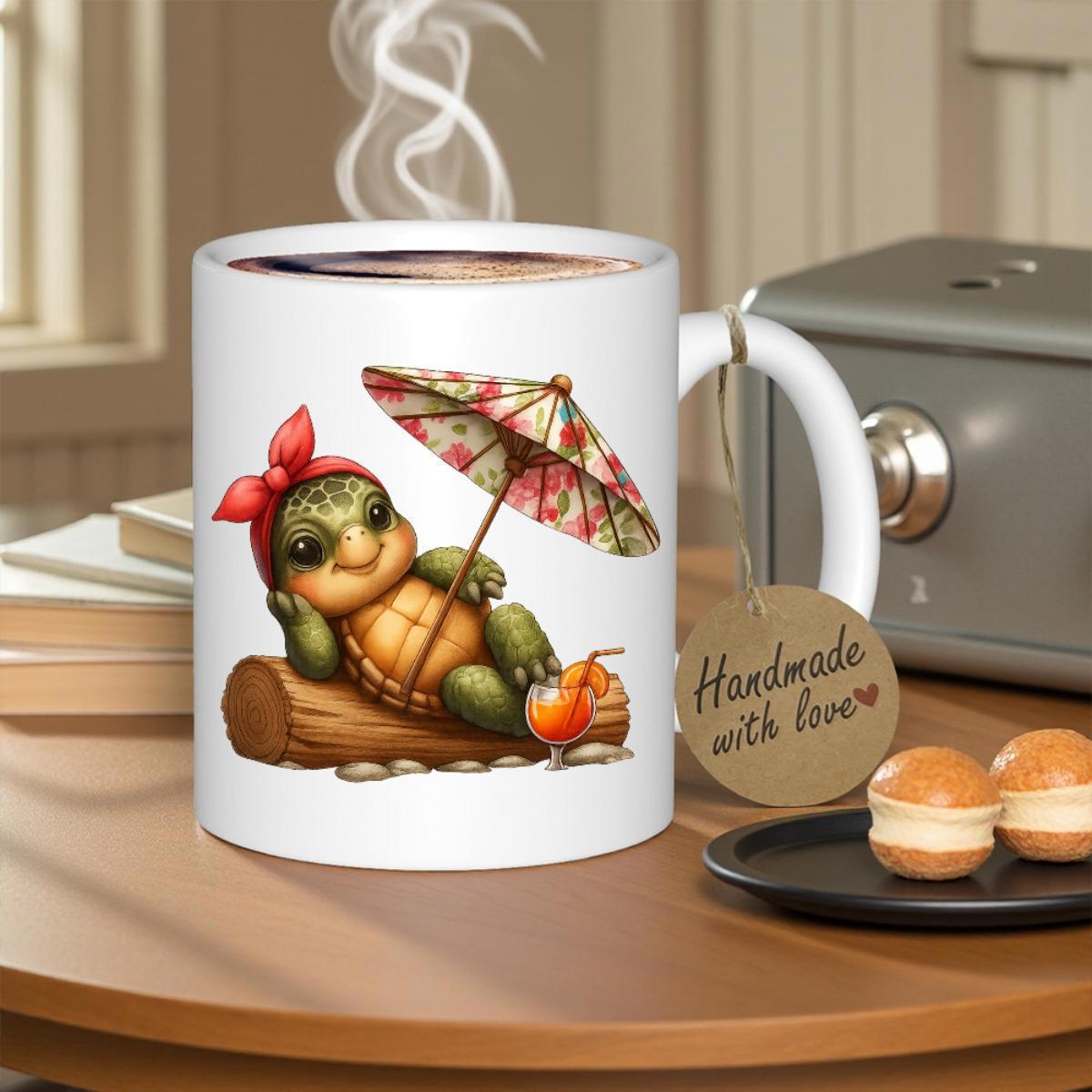 Tailorly White Ceramic 11 oz Mug - Handmade With Love Adorable Cartoon Character Resting Under Floral Umbrella On Log Turtle