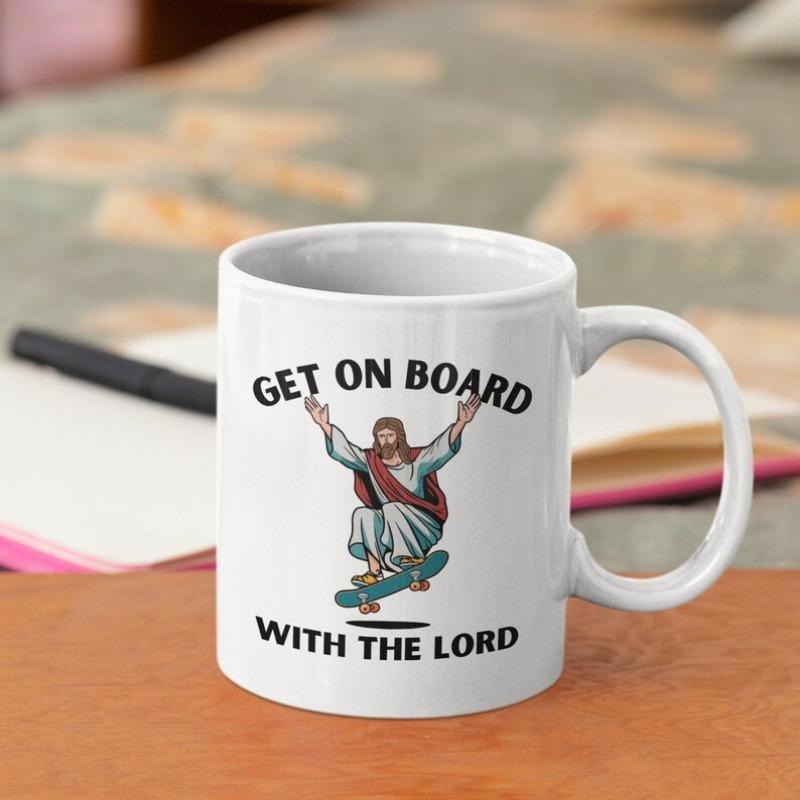 Tailorly White Ceramic 11 oz Mug - Get On Board With The Lord Religious Figure Riding A Modern Skateboard While Wearing Traditional Robes Jesus