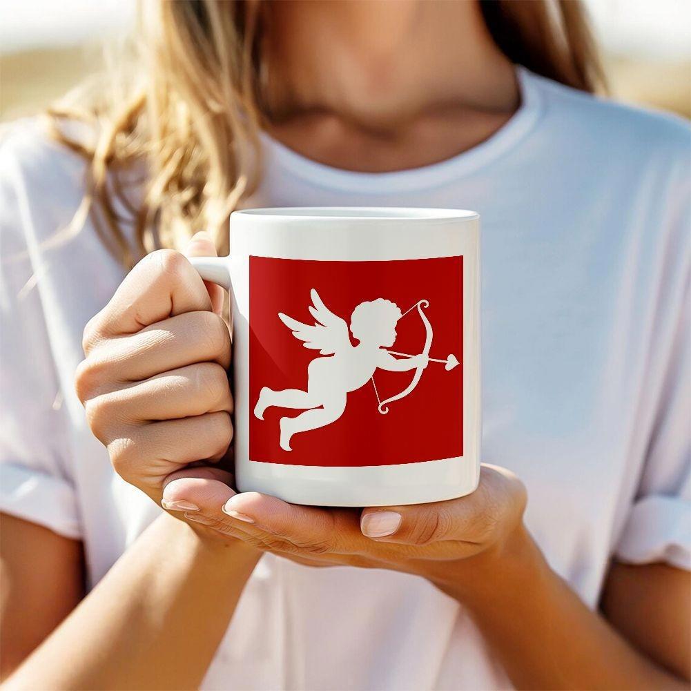 Tailorly White Ceramic 11 oz Mug - Silhouette Of Flying Angel With Bow And Arrow On Red Backdrop Cupid