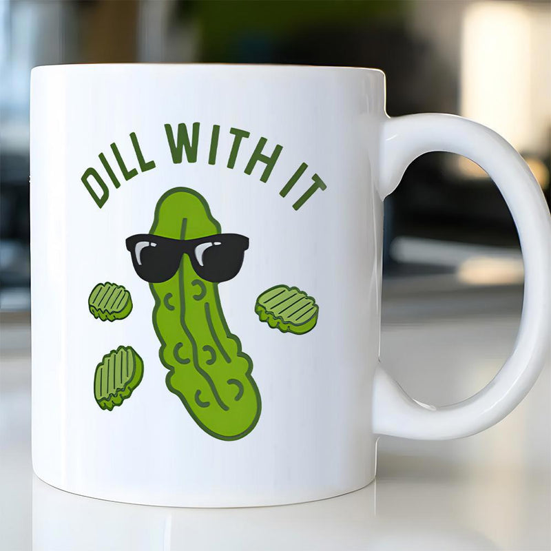 Tailorly White Ceramic 11 oz Mug - Dill With It Quirky Green Cartoon Character Wearing Sunglasses Among Slices Pickle