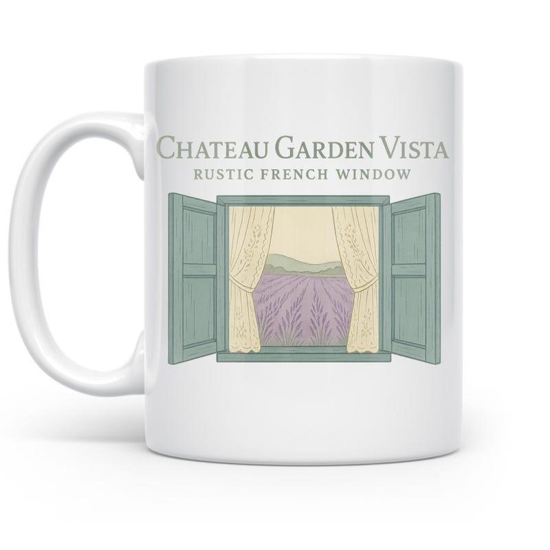 Tailorly White Ceramic 11 oz Mug - Chateau Garden Vista Rustic French Window Open Shutters Overlooking Purple Lavender Fields With Curtains Window