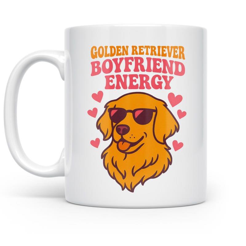 Tailorly White Ceramic 11 oz Mug - Golden Retriever Boyfriend Energy Stylized Retro Golden Retriever Wearing Sunglasses Surrounded By Tiny Pink Hearts Dog